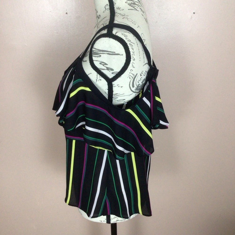 SALE‎ Vince Camuto Womens Off Shoulder Flutter Sleeves Black Multi Striped Top - Picture 3 of 9